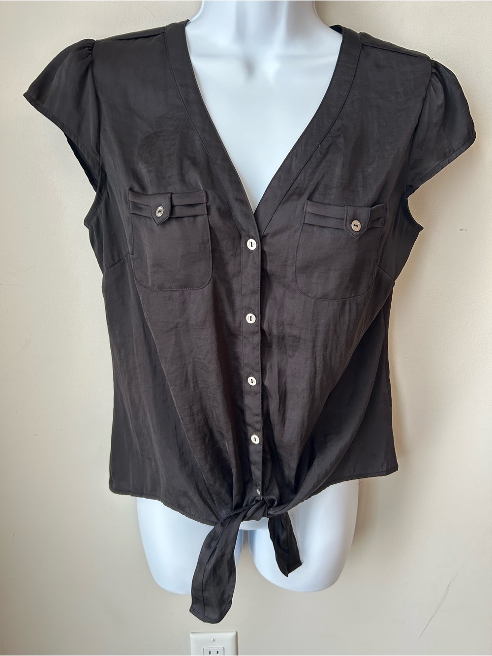 GUESS Y2K Black Utility Blouse Puff Sleeves Tie Hem Size S/P